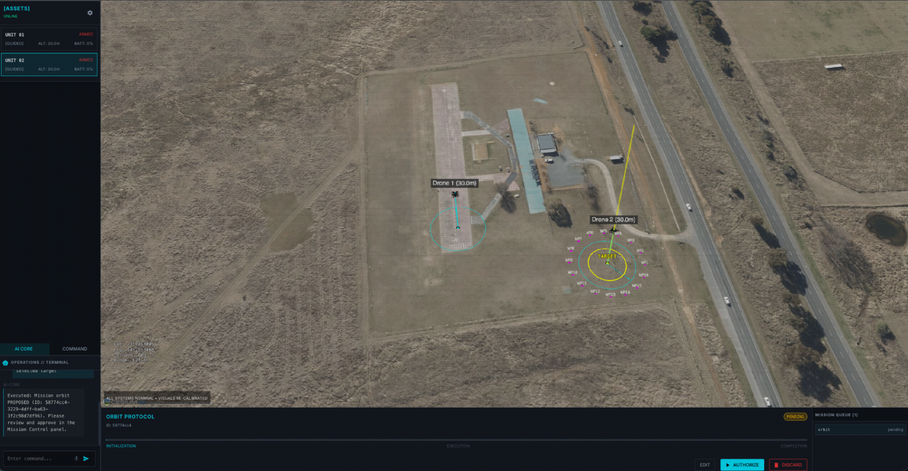 Tactical GCS — AI Core orbit mission composition with waypoint generation