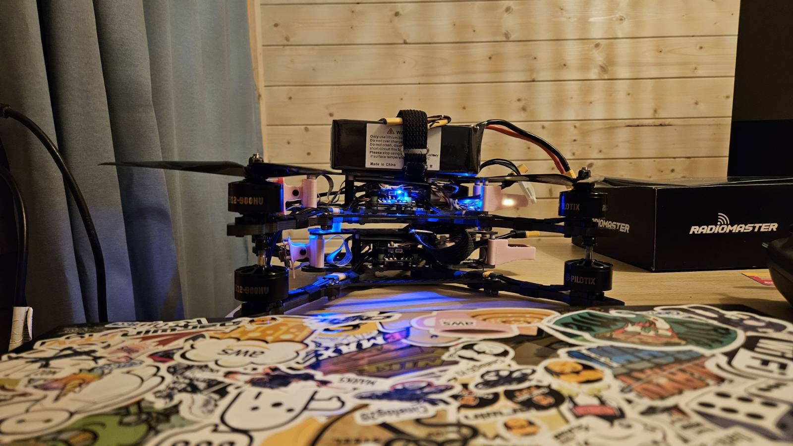 Drone setup on table with equipment