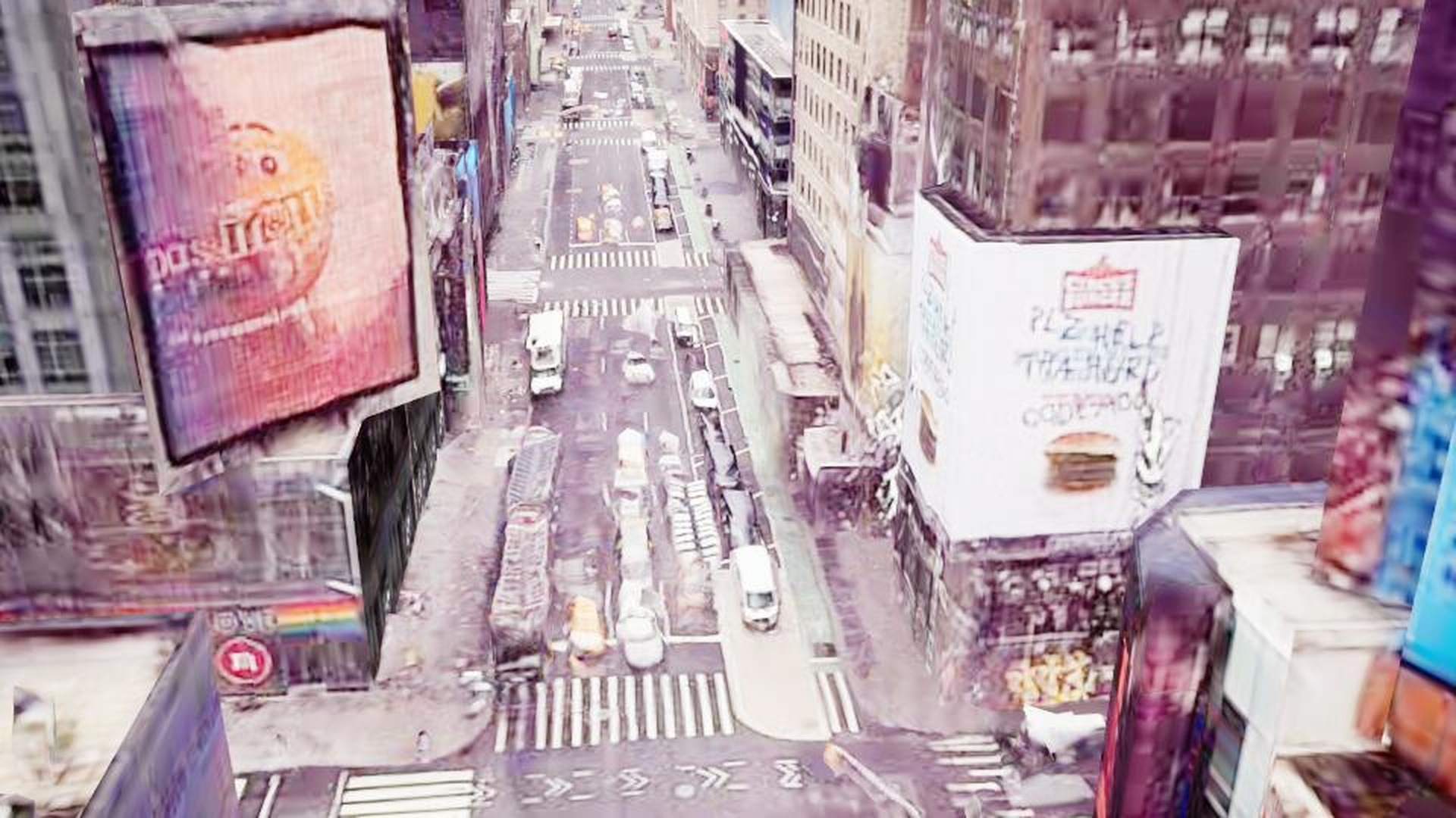 Billboard street scene with photorealistic signage and traffic