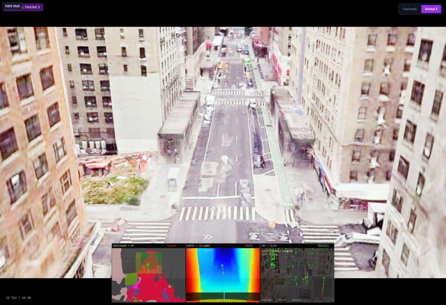 UE5 viewport with semantic segmentation, depth mapping, and VIO/SLAM overlays