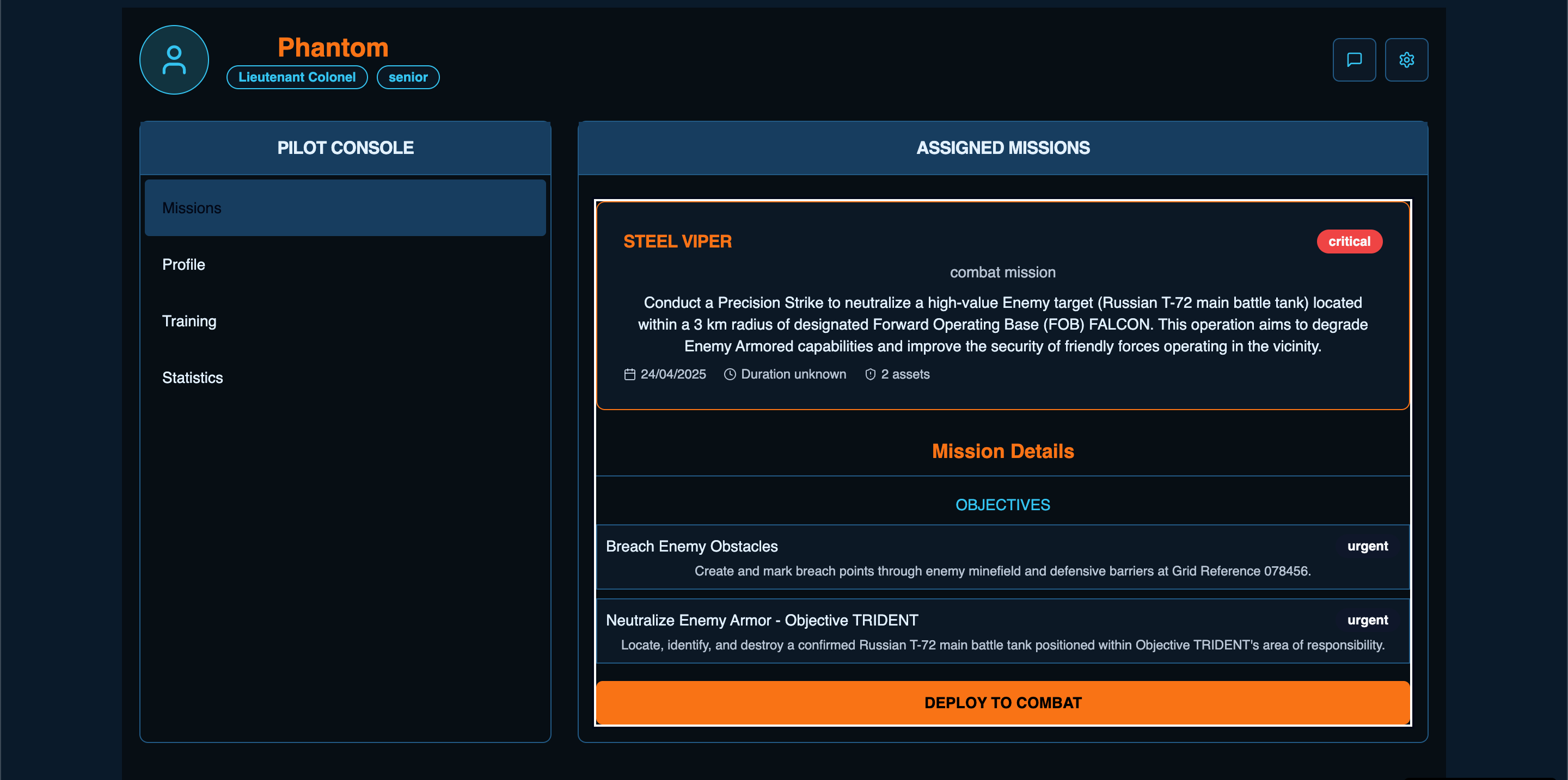 Pilot Mission Selection Interface